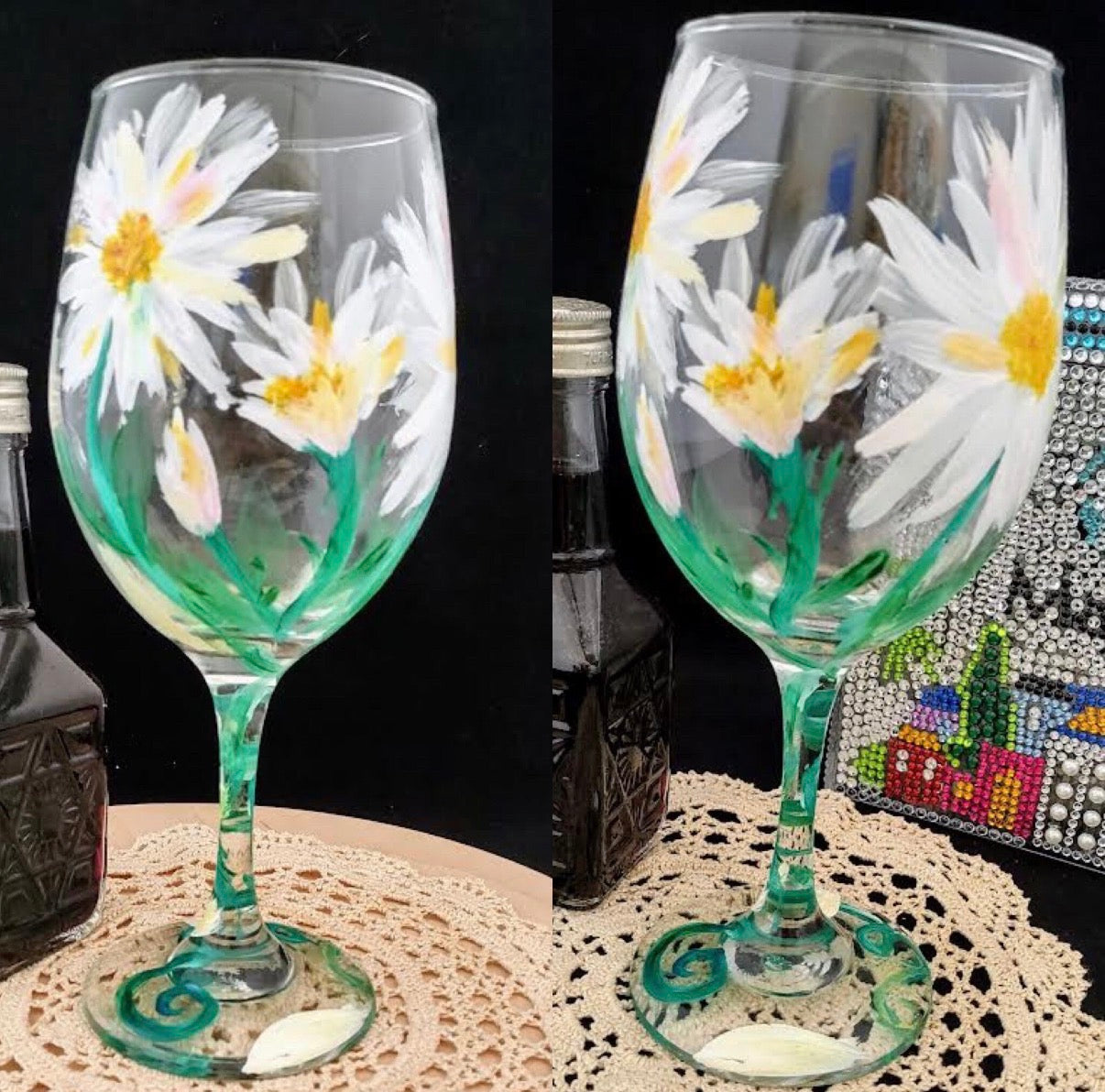 Lilies Wine Glass — red lilies and checkerboard stem on painted glass | Judaica Square Lakewood (view 8)