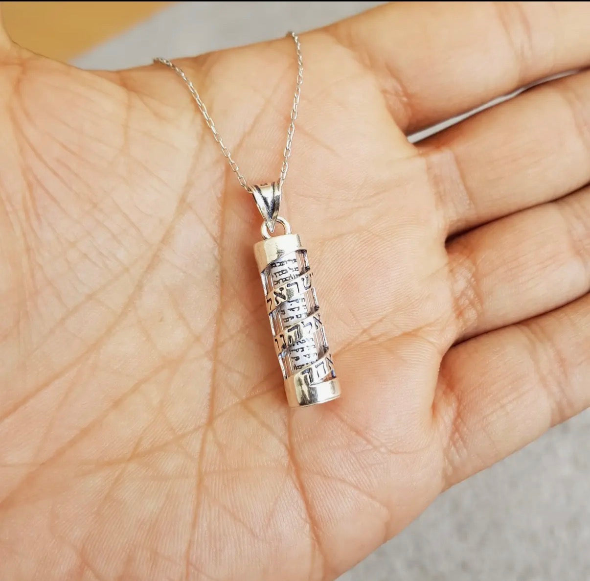 Sterling mezuzah pendant with Shema spiraling in Hebrew lettering | Judaica Square Lakewood (view 4)