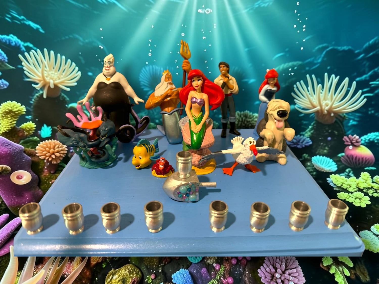 Little Mermaid Menorah — mermaid figures and rhinestones on a painted wood plaque | Judaica Square Lakewood (view 21)