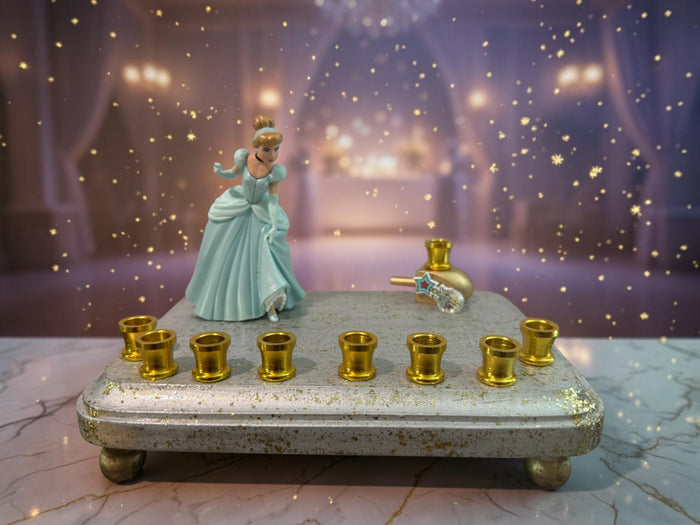 Cinderella menorah — Disney princess figurine on silver base with nine gold cups | Judaica Square Lakewood
