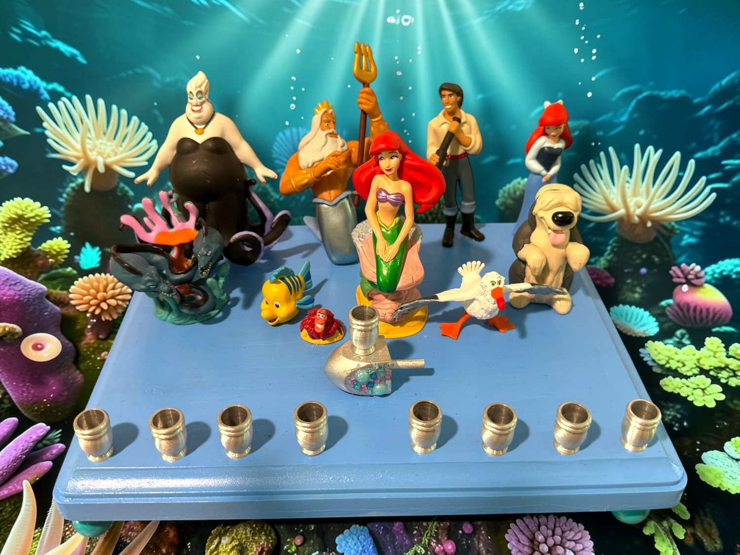 Little Mermaid Menorah — mermaid figures and rhinestones on a painted wood plaque | Judaica Square Lakewood (view 24)