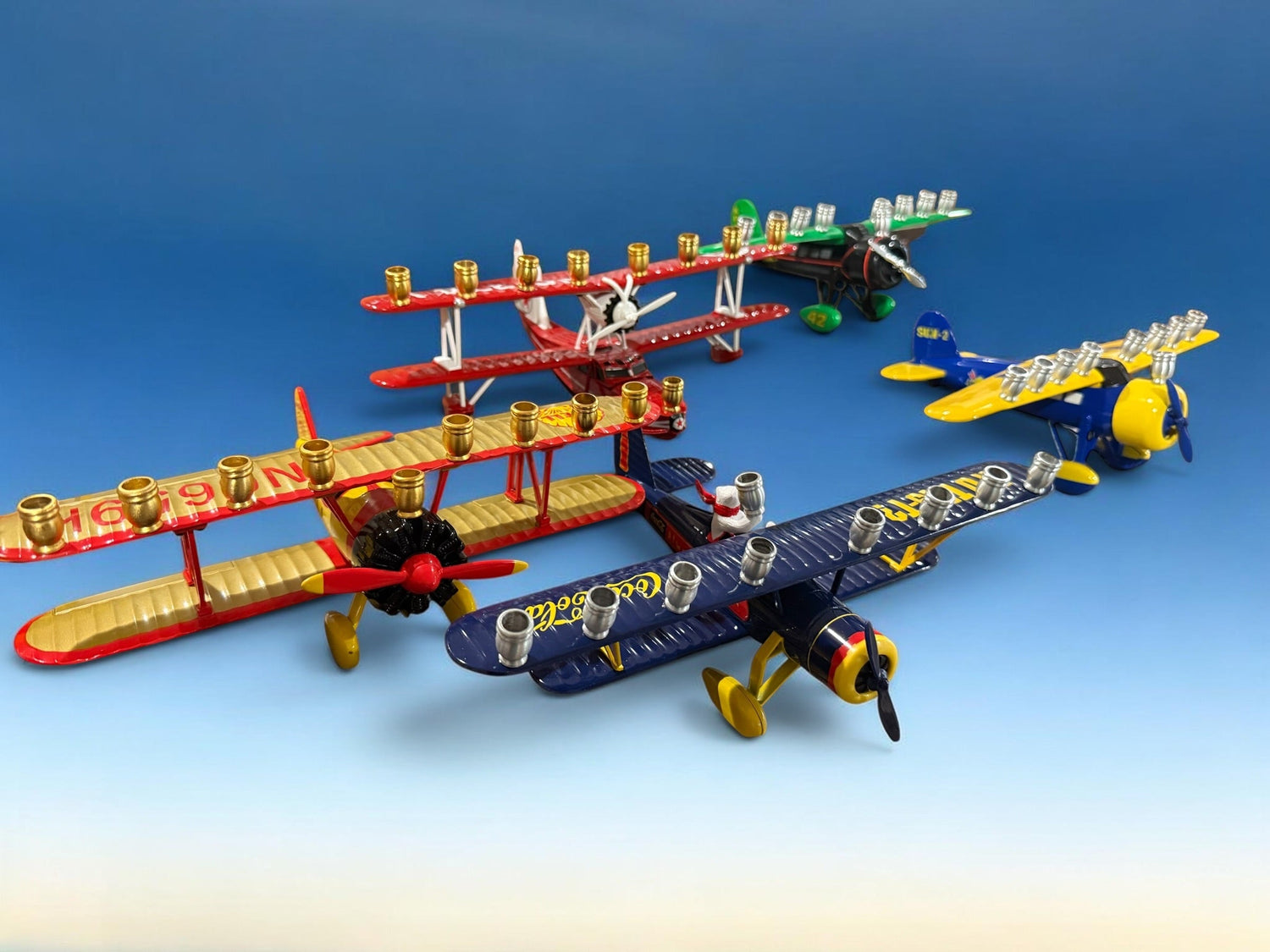 Vintage Airplane Menorah — die-cast metal plane bank fitted with aluminum cups | Judaica Square Lakewood (view 9)