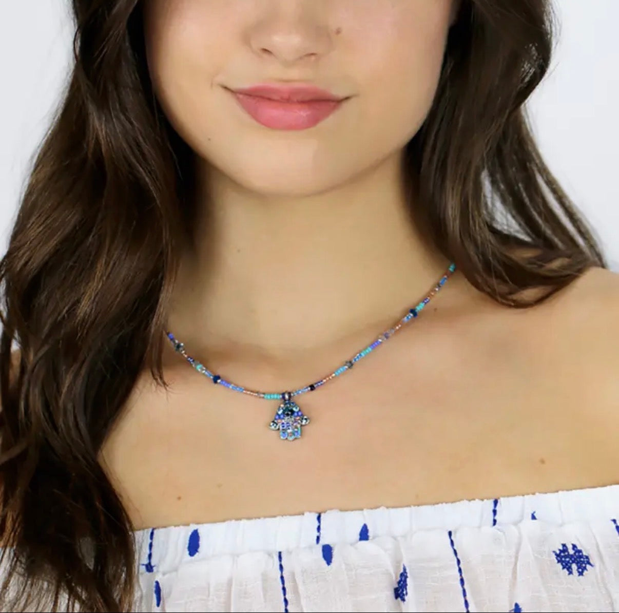 Small blue mosaic hamsa necklace — cobalt glass gold pendant | Judaica Square Lakewood (view 5)
