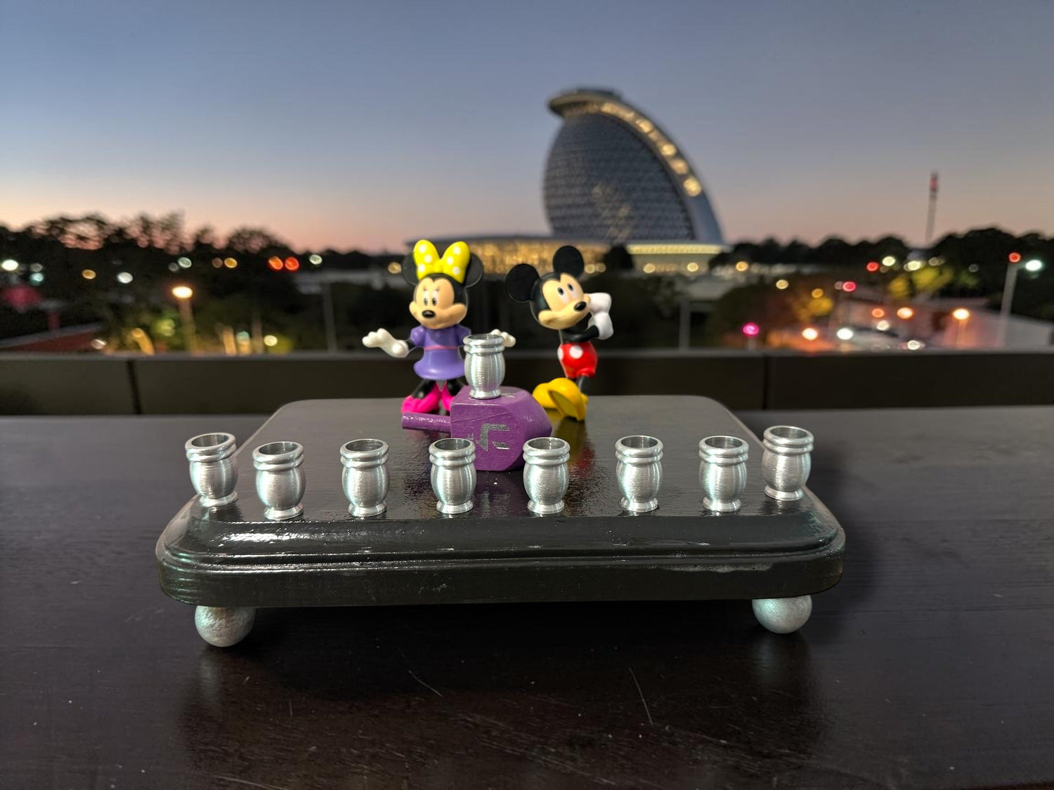 Mickey and Minnie Mouse menorah — repurposed Disney figures on painted wood plaque | Judaica Square Lakewood (view 20)