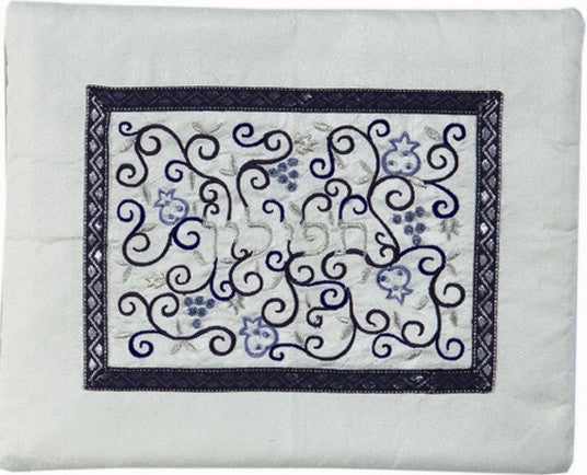 Embroidered Tefillin Bag Blue on White