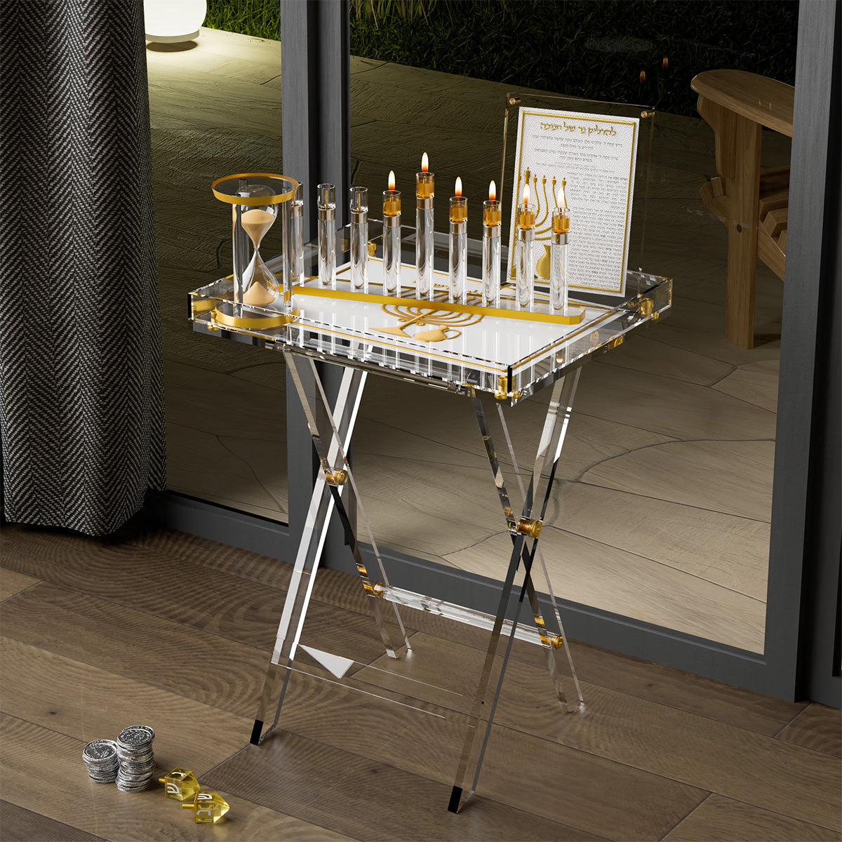 Leatherite Folding Table — Chanukah — styled in use on a set table