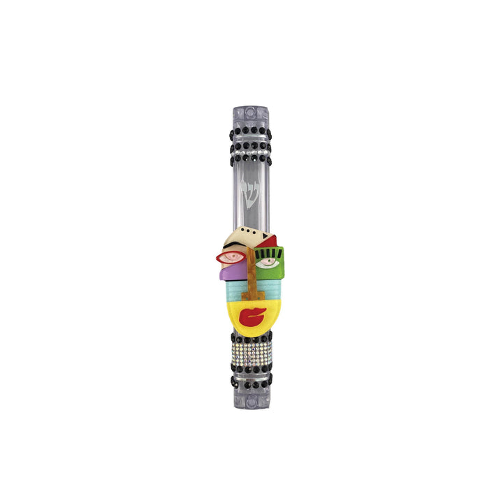 Artistic face mezuzah case — abstract rhinestone portrait on acrylic with mixed metal | Judaica Square Lakewood