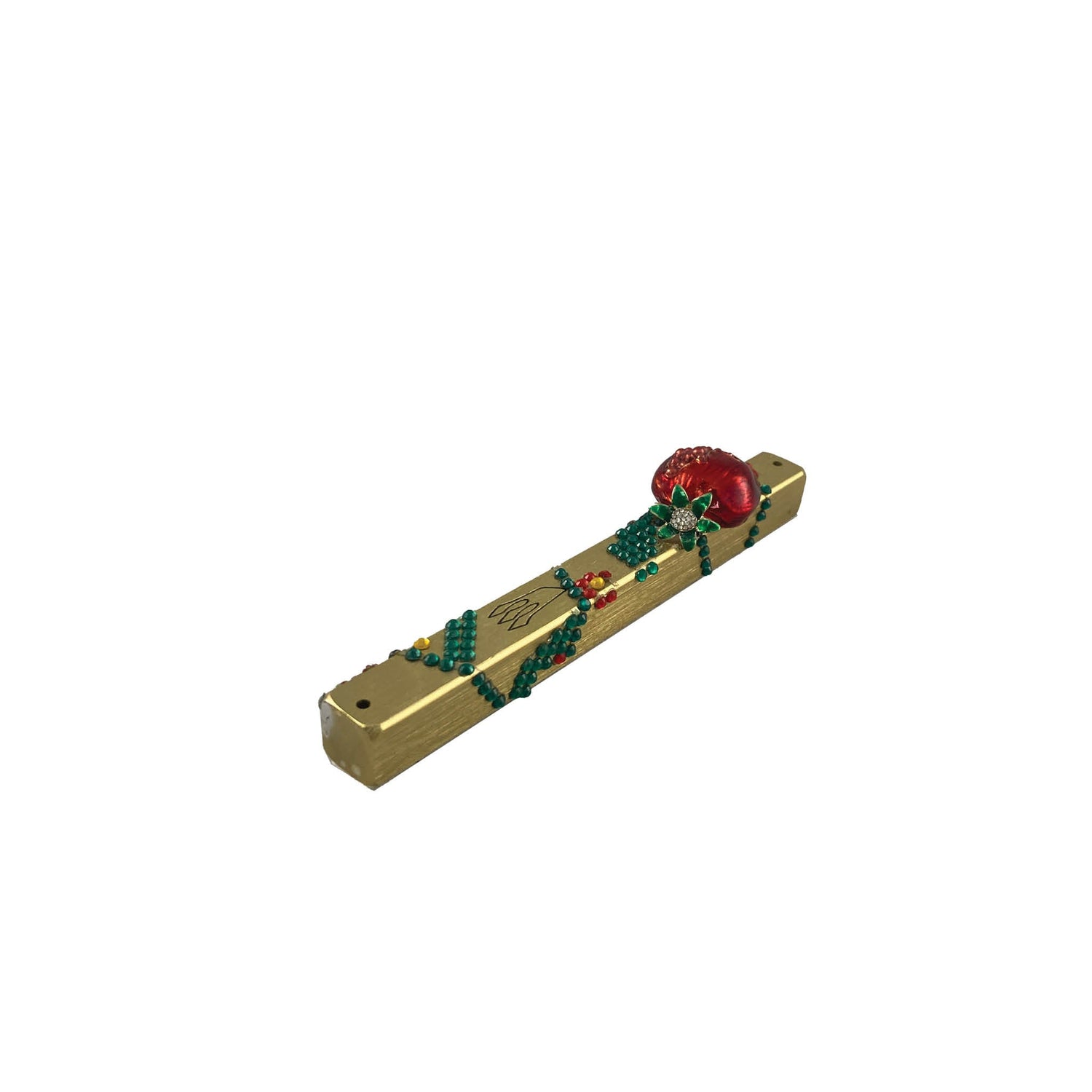 Pomegranate mezuzah case — gold aluminum case with enamel pomegranate and stones | Judaica Square Lakewood (view 2)