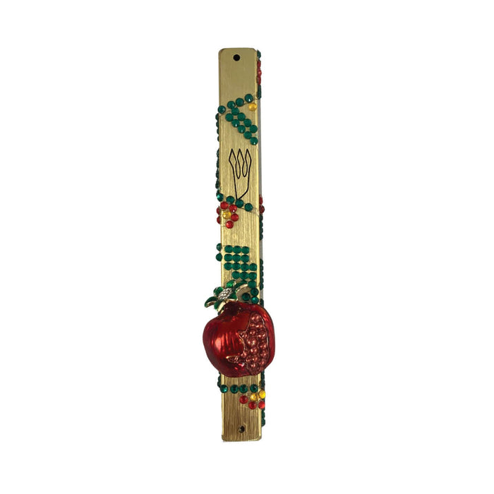Pomegranate mezuzah case — gold aluminum case with enamel pomegranate and stones | Judaica Square Lakewood