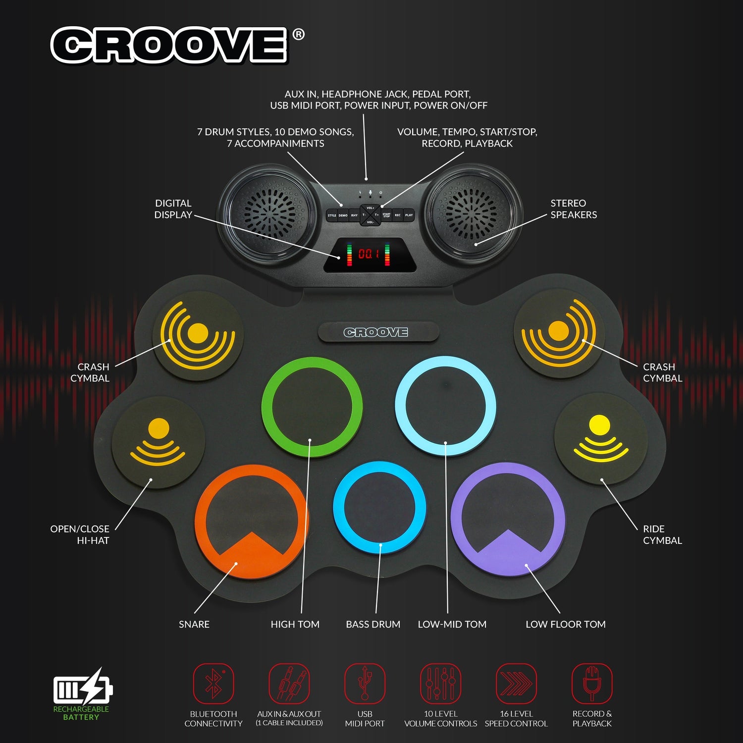 Croove Electronic Drum Set - 9 Pads, 2 Pedals, Rechargeable Kids Drums — 9-pad, view 4 | Judaica Square Lakewood