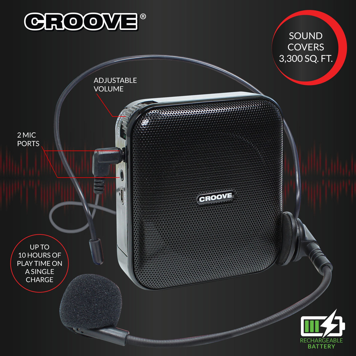 Croove Voice Amplifier - Rechargeable Headset Mic with Belt Clip — portable teacher, view 3 | Judaica Square Lakewood