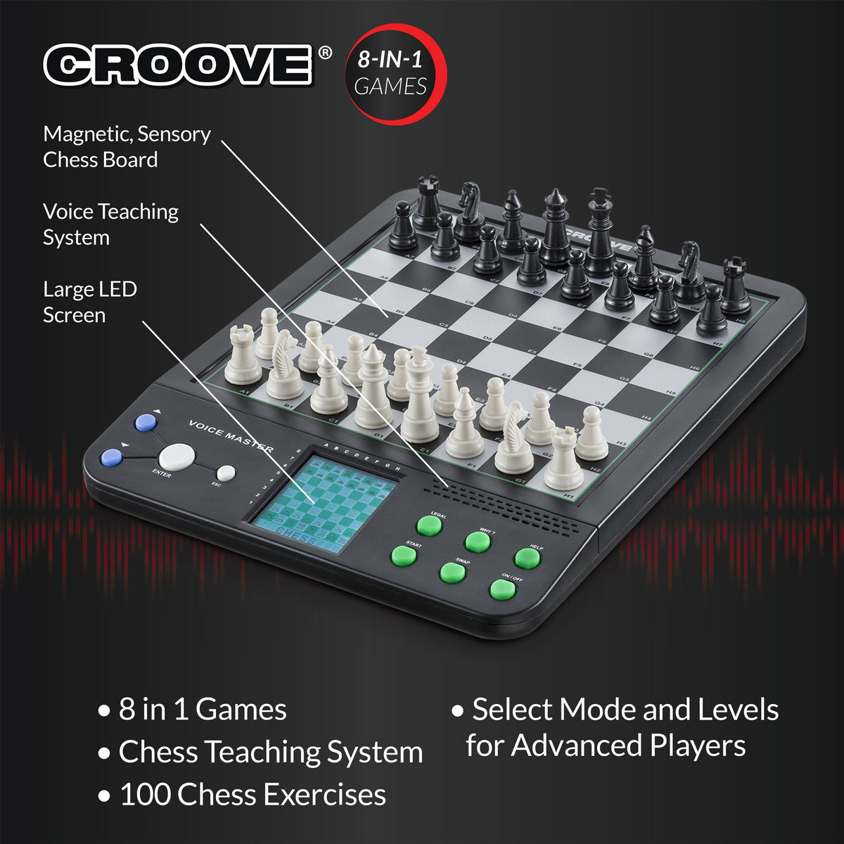 Croove Electronic Magnetic Chess & Checkers Set 10" - 8-in-1 Games — product view, view 2 | Judaica Square Lakewood