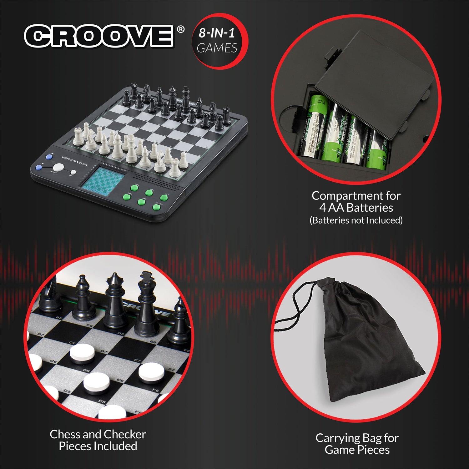 Croove Electronic Magnetic Chess & Checkers Set 10" - 8-in-1 Games — product view, view 3 | Judaica Square Lakewood