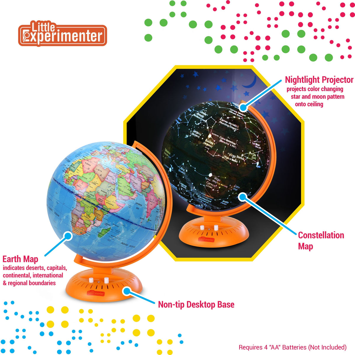 Little Experimenter 3-in-1 Light-Up Globe for Kids - 8" Star Map — illuminated world, view 3 | Judaica Square Lakewood