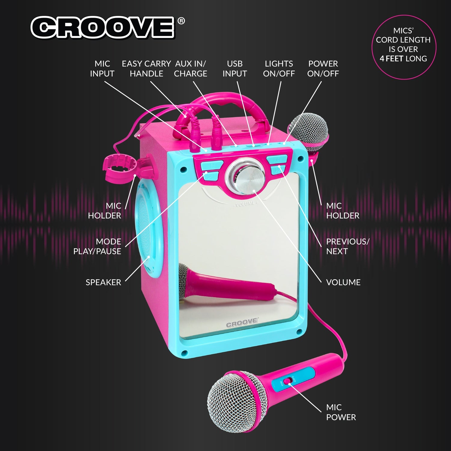 Croove Pop Box Kids Karaoke Machine, Pink - 2 Mics & Disco Lights — product view, view 4 | Judaica Square Lakewood