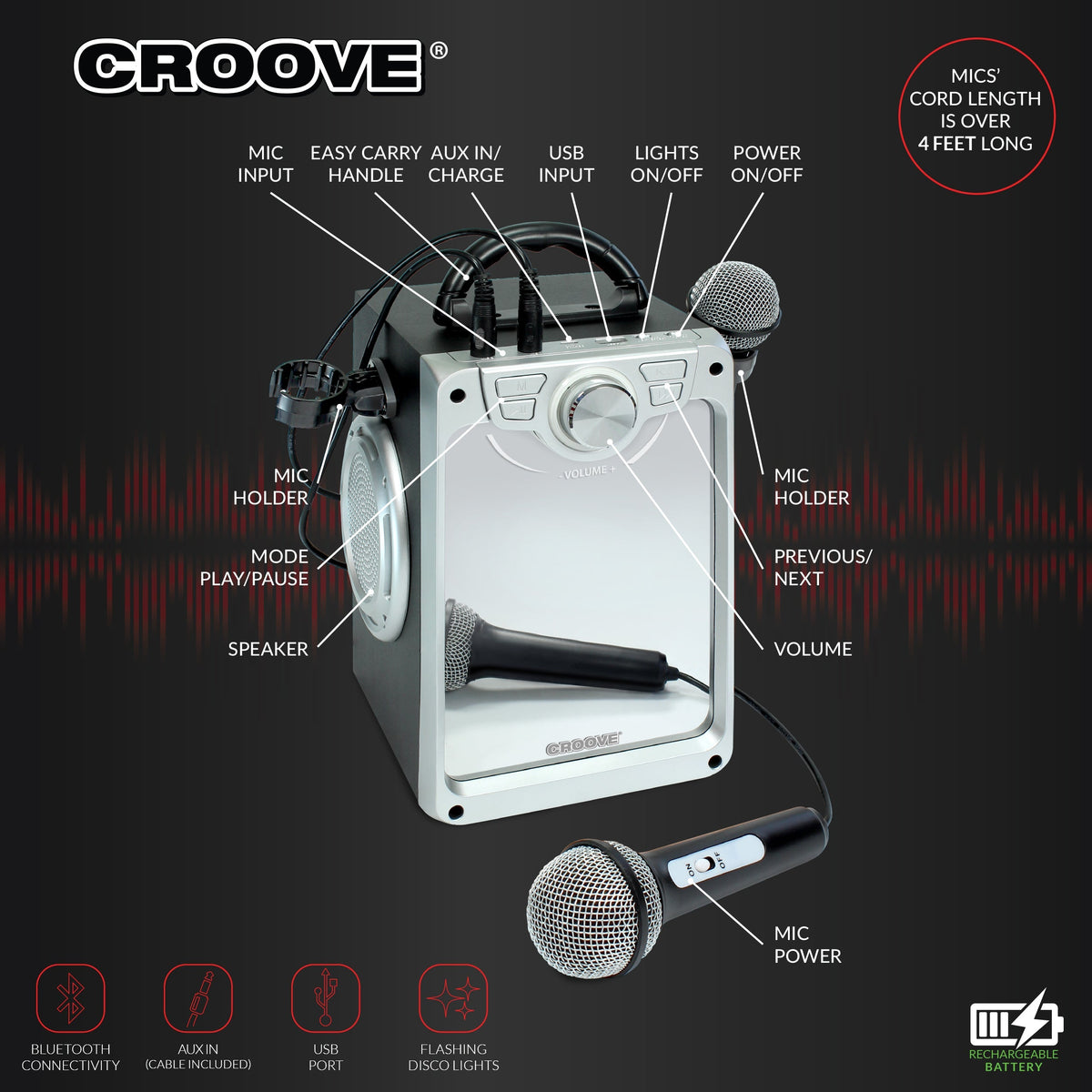 Croove Pop Box Kids Karaoke Machine, Black - 2 Mics & Disco Lights — product view, view 5 | Judaica Square Lakewood