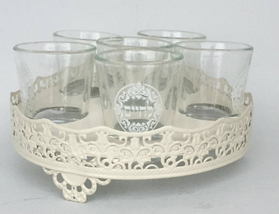 6 Glass Liquor Cups L'Chaim on Round Stand