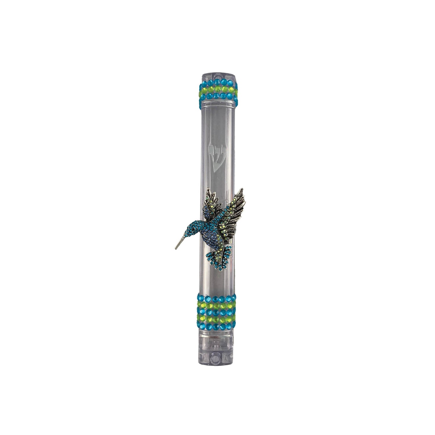 Flying bling mezuzah case — winged enamel accents and rhinestones on clear acrylic | Judaica Square Lakewood (view 5)