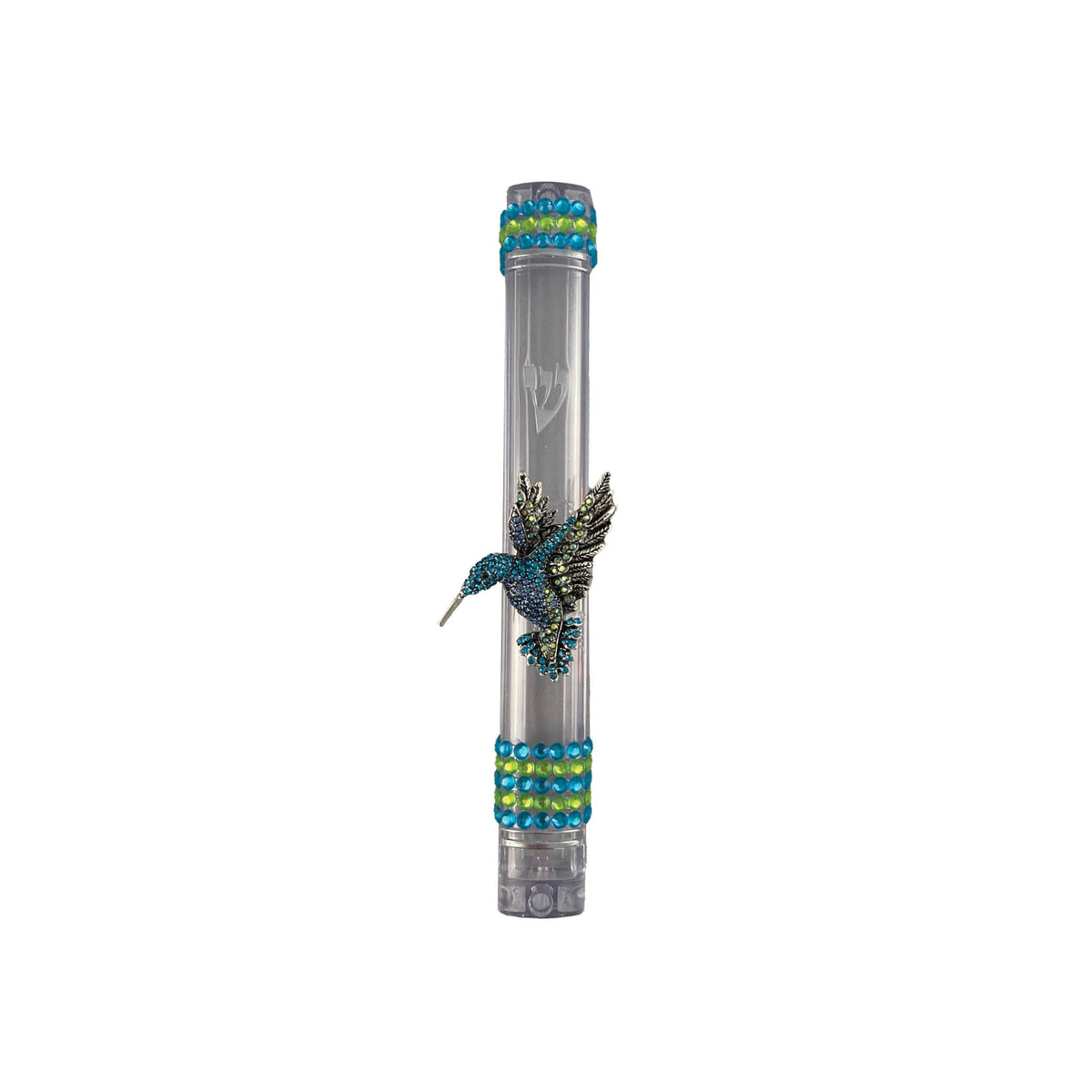 Flying bling mezuzah case — winged enamel accents and rhinestones on clear acrylic | Judaica Square Lakewood (view 5)