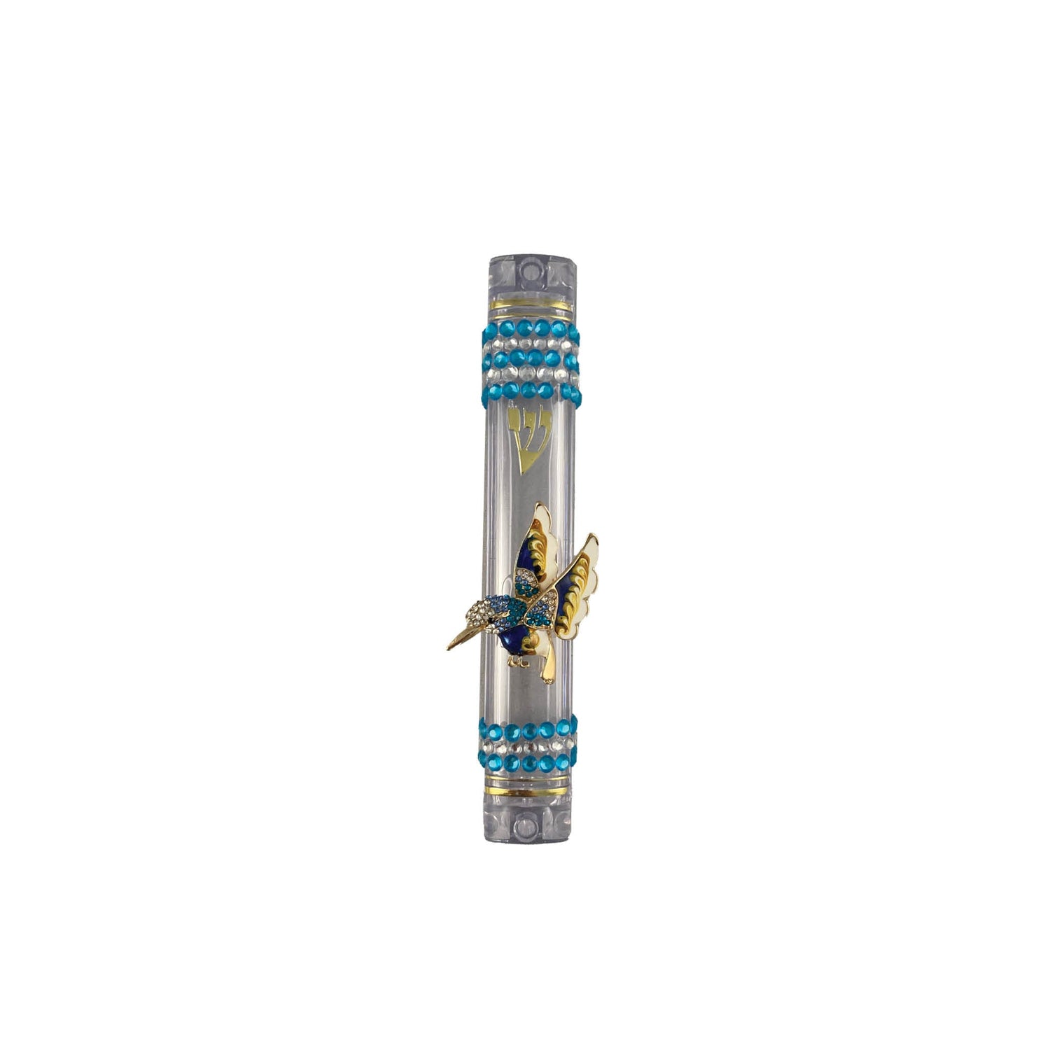 Flying bling mezuzah case — winged enamel accents and rhinestones on clear acrylic | Judaica Square Lakewood (view 4)