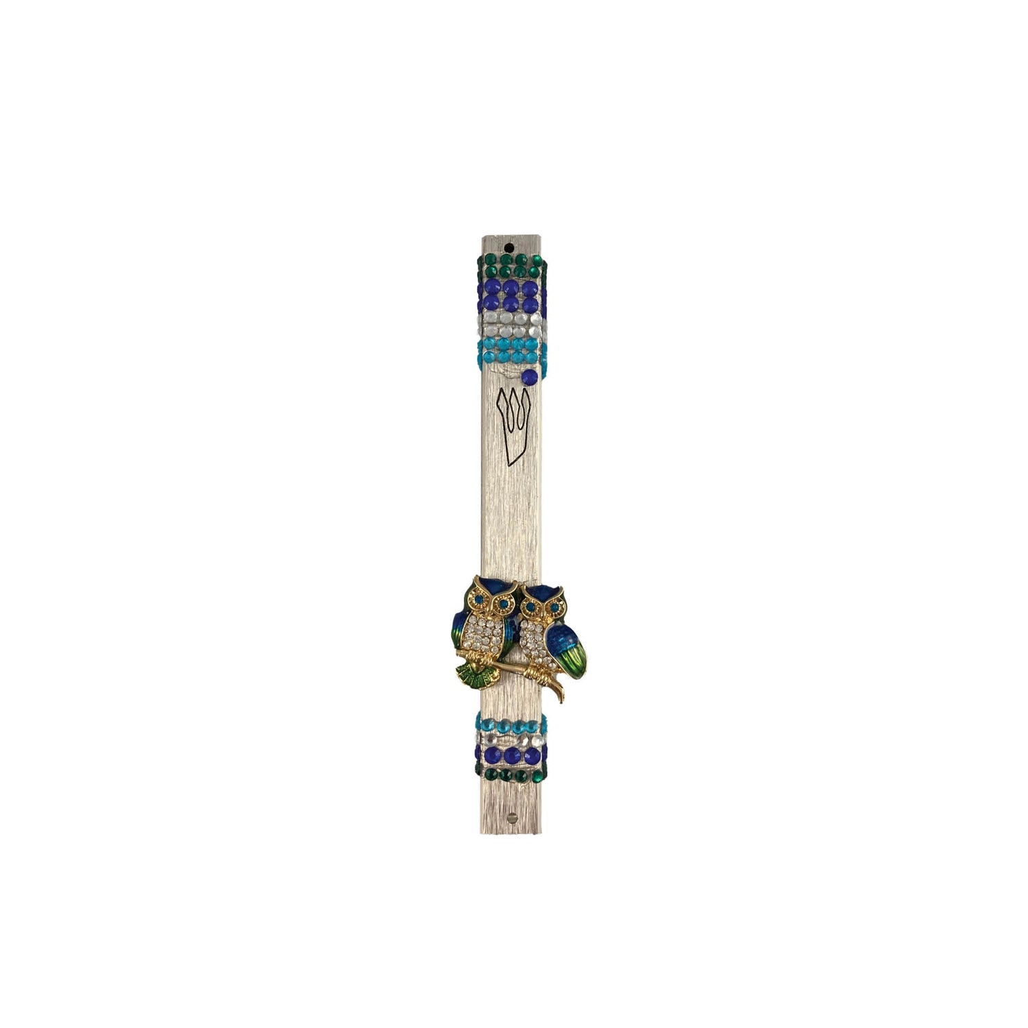 Flying bling mezuzah case — winged enamel accents and rhinestones on clear acrylic | Judaica Square Lakewood (view 2)