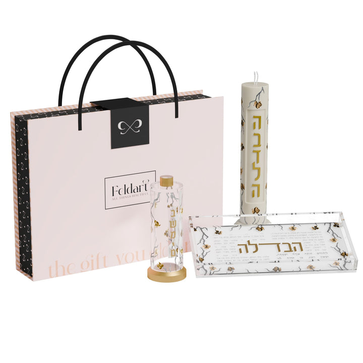 Golden Branch Havdalah set: gold-lettered candle, clear tray, branch besamim holder and pink gift bag
