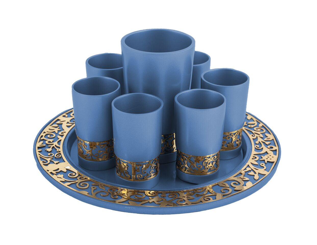Emanuel Anodized Kiddush Set w/ Metal Cutout-- Blue (EM-GSD2)