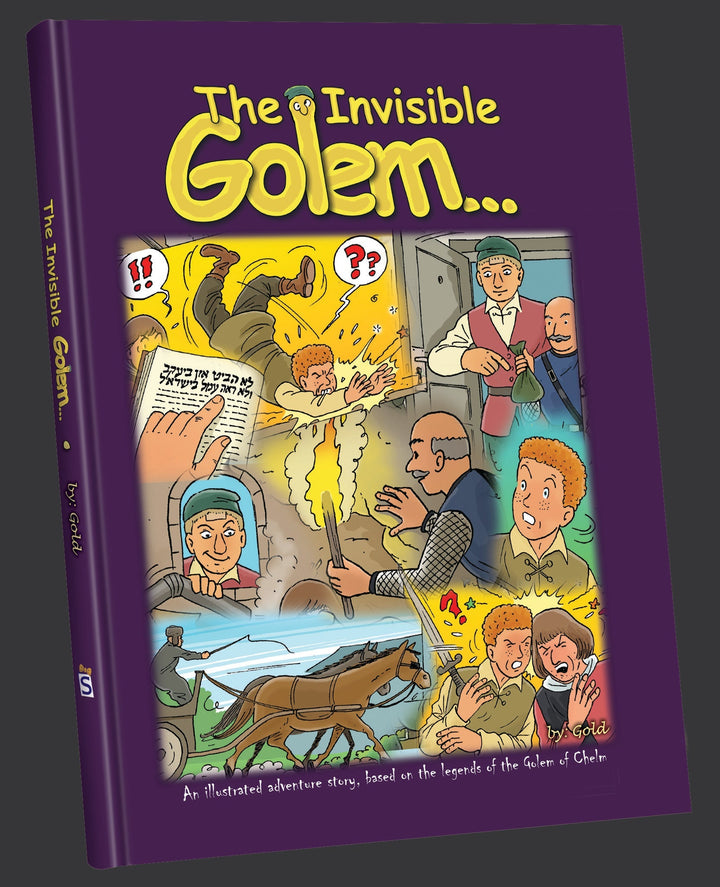 The Invisible Golem purple hardcover with comic panels of a chase, a horse cart and startled villagers