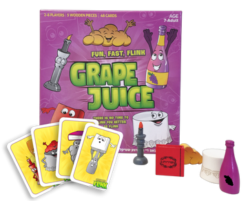 Grape Juice game box with its five wooden Shabbos-table pieces and yellow picture cards in front