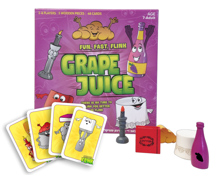 Grape Juice game box with its five wooden Shabbos-table pieces and yellow picture cards in front
