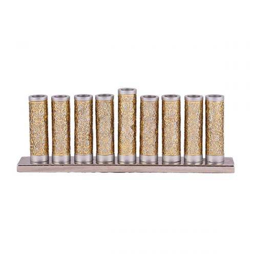 Emanuel Cylinder Menorah w/ Metal Cutout--Brass & Silver (EM-HAA3)