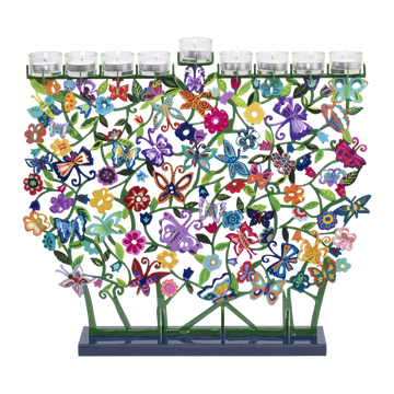 Yair Emanuel Hanukkah Menorah, Painted Laser Cut Butterflies, front view