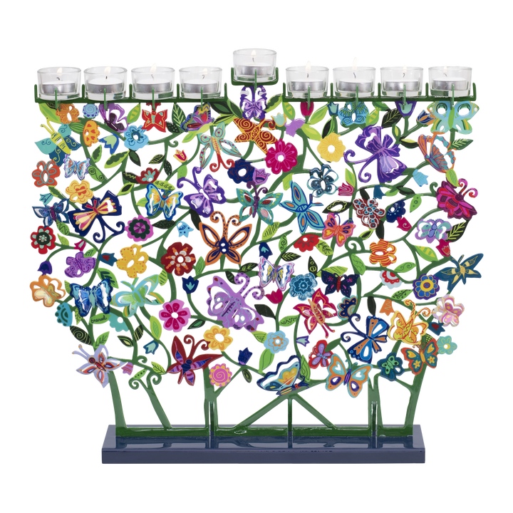 Yair Emanuel Hanukkah Menorah, Painted Laser Cut Butterflies, front view