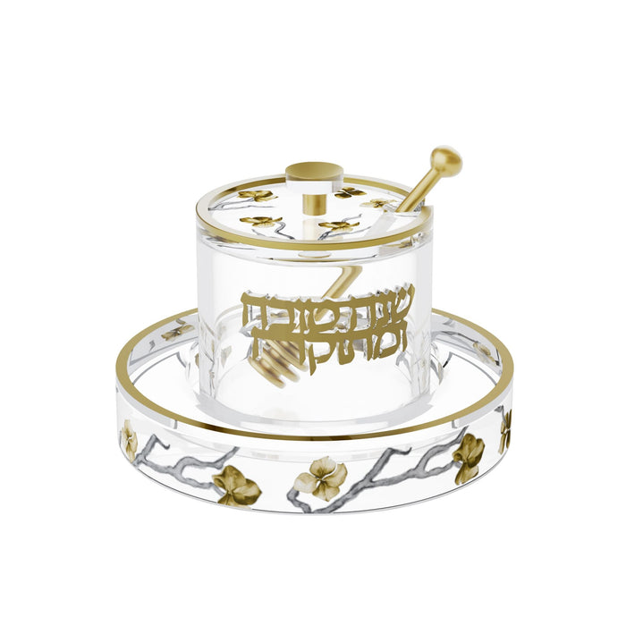 Golden Branch Honey Dish — honey jar with magnetic lid, base tray and matching spoon | Judaica Square Lakewood