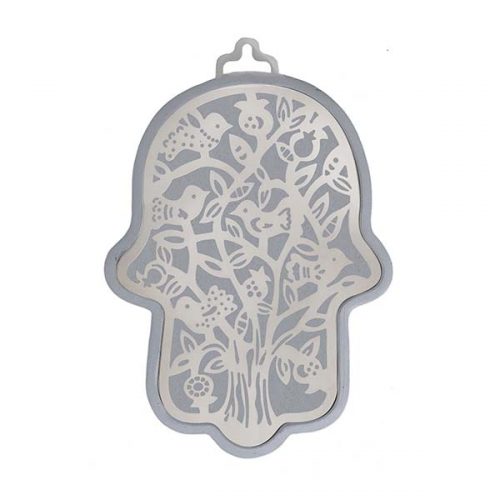 Emanuel Anodized Aluminum Hamsa with Tree Cutout