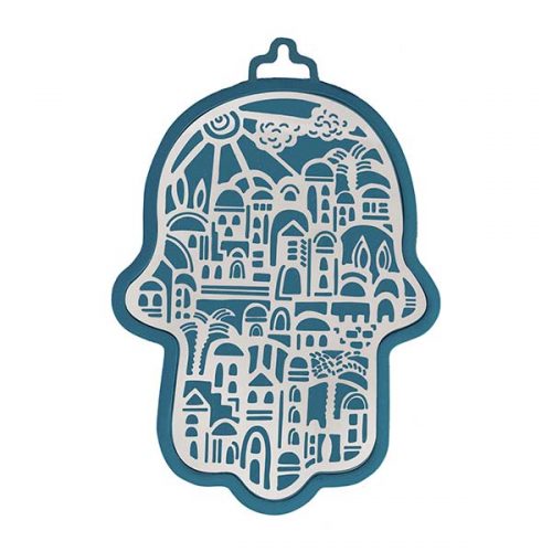 Emanuel Anodized Aluminum Hamsa with Jerusalem Cutout