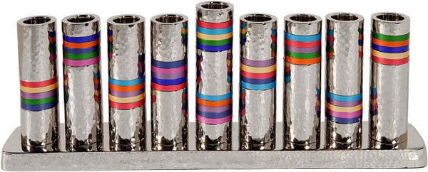 Emanuel Hammered Chanukah Menorah- Multicolor Rings (EM-HMV1)