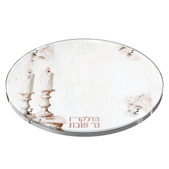 Round Leatherite Blush Rose Artwork Hadlakos Neiros Tray — Shabbos | Judaica Square Lakewood