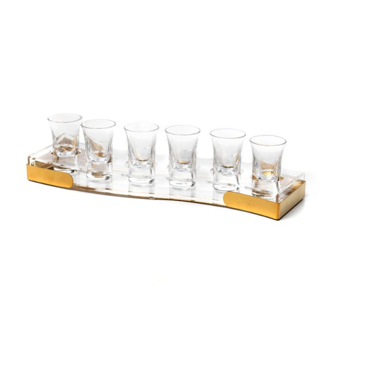 Set of 6 Glass Liquor Cups 30ml on Lucite and Gold strip stand