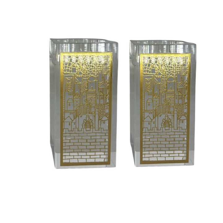 Crystal Pair T-Light Holder with Gold Jerusalem Plate Design 4"