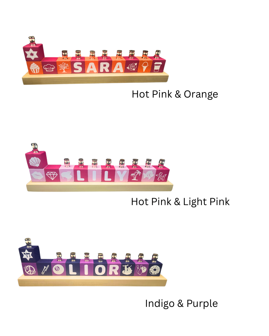 Personalized name block menorah — hand-painted blocks with vinyl letters and nickel cups | Judaica Square Lakewood (view 28)