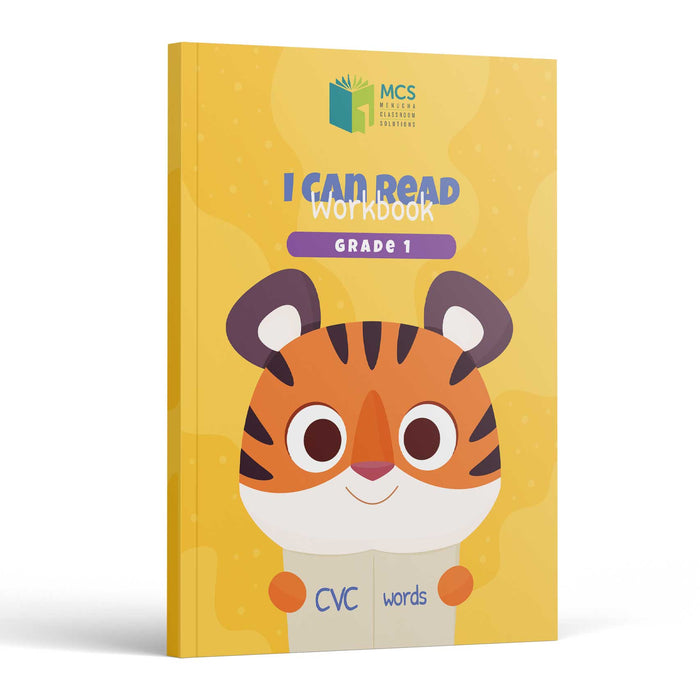 I Can Read Workbook Grade 1 front cover — cartoon tiger holding a CVC words card on a yellow background with the MCS logo