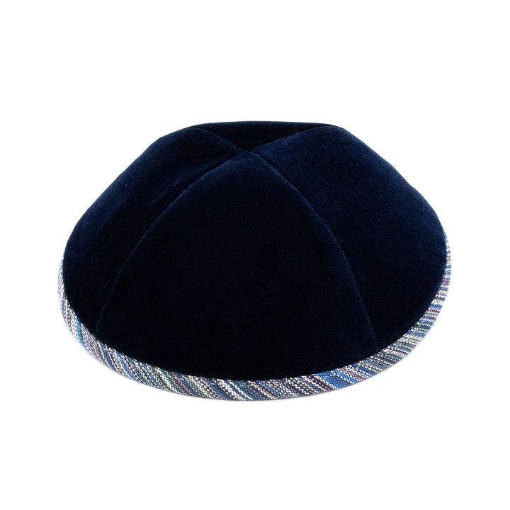 Navy Velvet Kippah – Striped Blue Rim Yarmulke