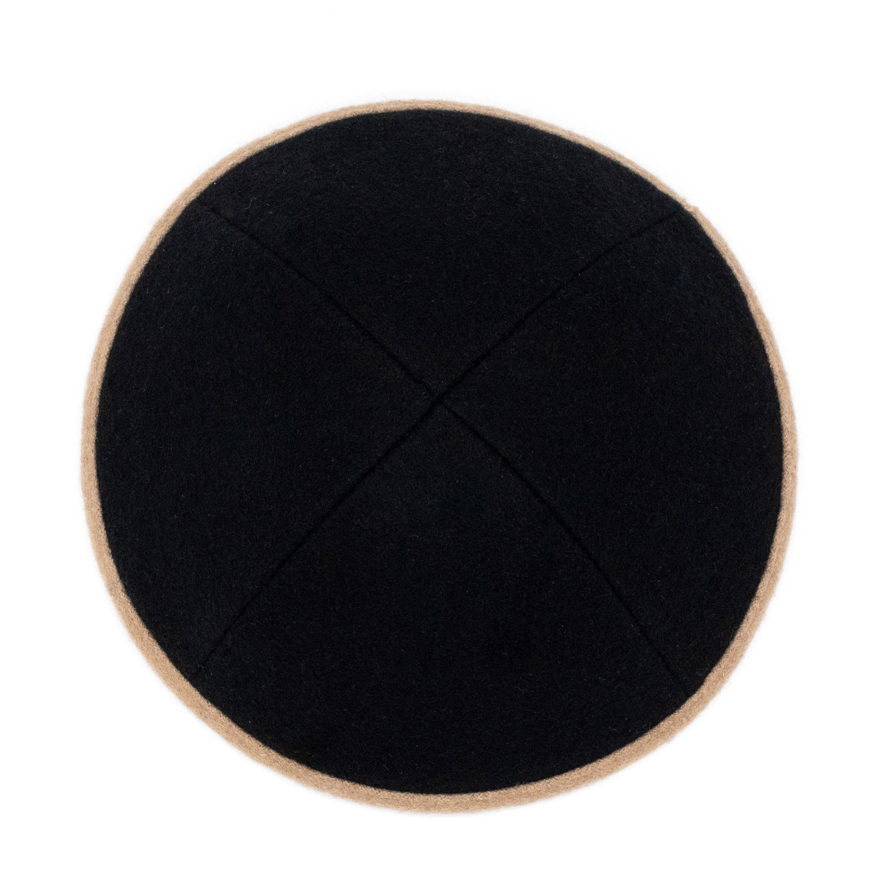 Black Wool Kippah - showing rim trim, six-panel construction