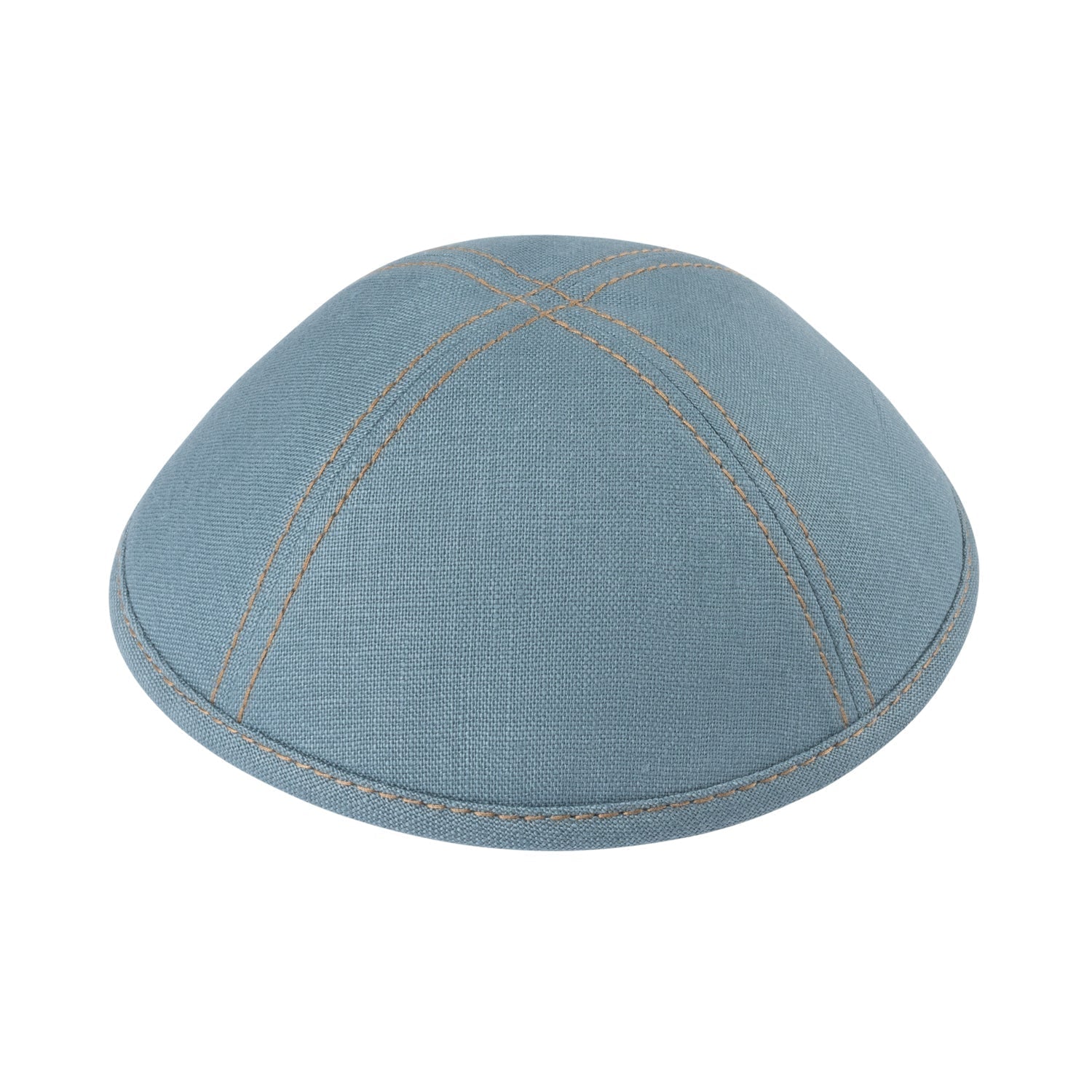 Blue Linen Kippah - showing stitching, six-panel construction