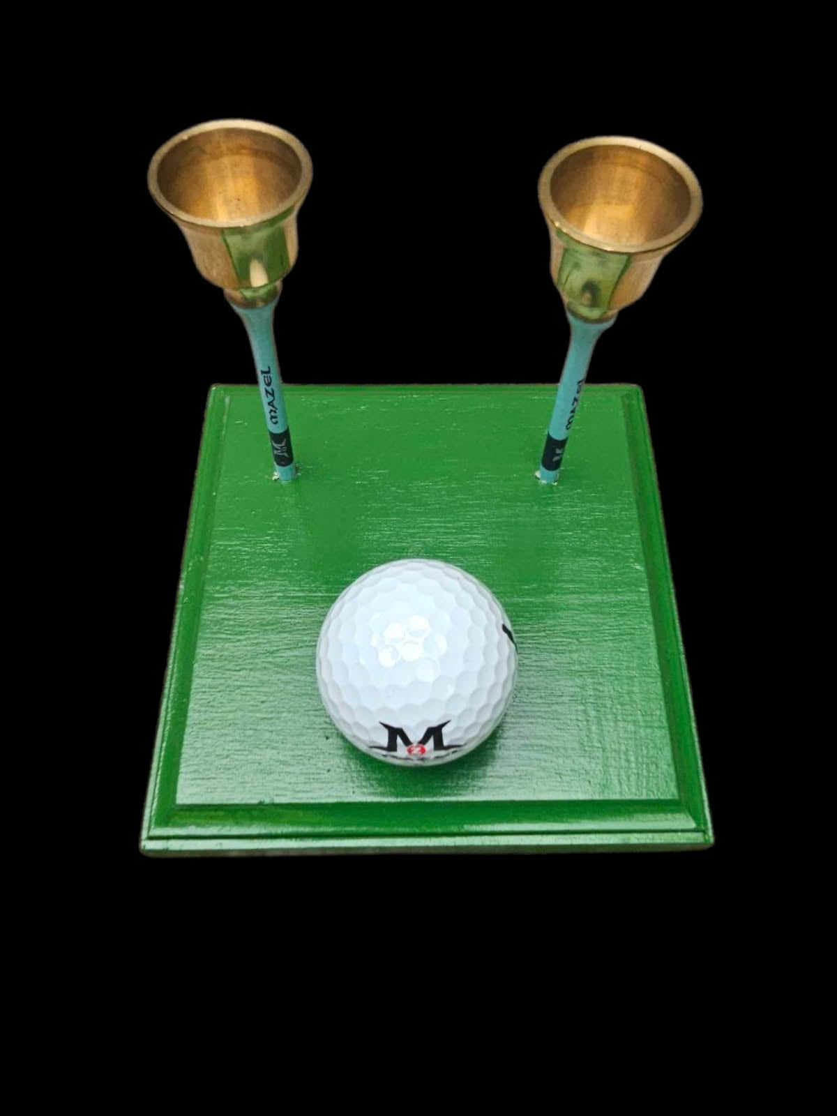 Golf Shabbat candlestick — green base with wooden tees, a golf ball and brass candle cups | Judaica Square Lakewood (view 2)