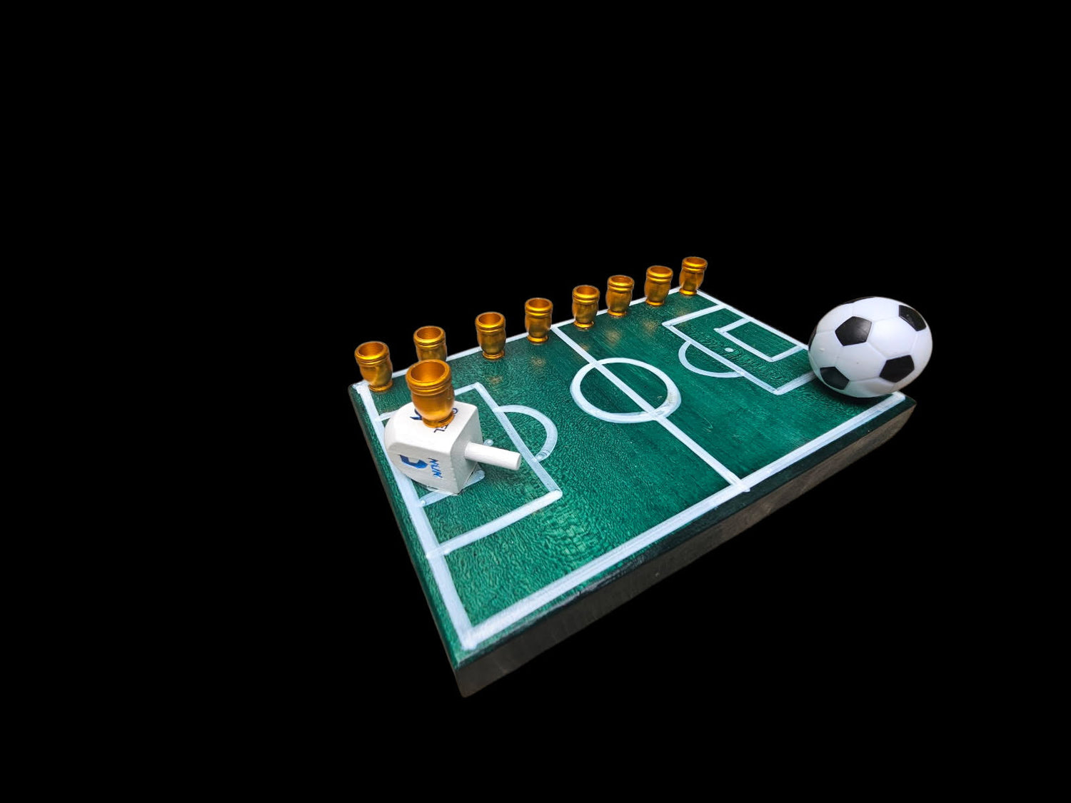 Soccer Menorah — repurposed player figure with wood dreidel and aluminum cups | Judaica Square Lakewood (view 5)