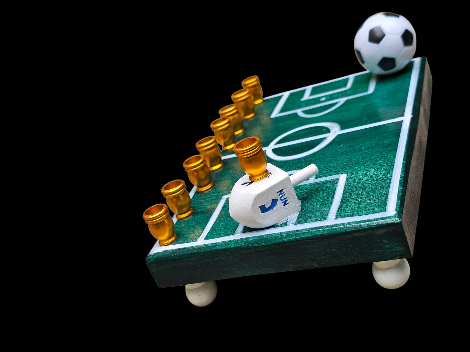 Soccer Menorah — repurposed player figure with wood dreidel and aluminum cups | Judaica Square Lakewood (view 3)