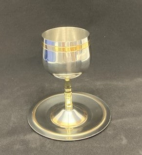 Stainless Steel Kiddush Cup W/Plate - Gold Stripe (KC-AVI109G)