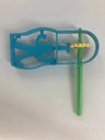 Blue plastic Purim gragger with a molded clown figure in the frame, green handle and yellow ratchet cog
